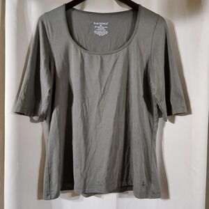 Fair Indigo Elbow Length Scoop Neck Knit Top Olive Green XL Organic Pima Cotton